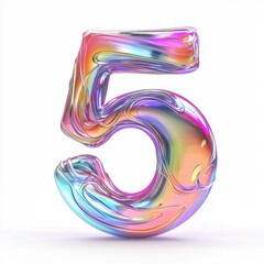 Number 5 made of iridescent soap film with swirling rainbow reflections and transparent liquid texture isolated on a clean white background