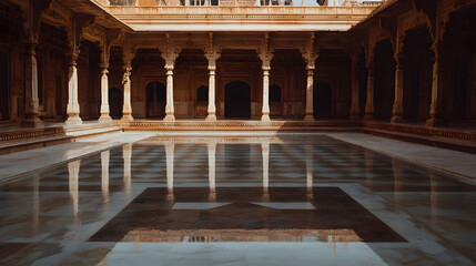 Naklejka premium Reflections in historic architecture showcase intricate columns and a symmetrical design. The serene pool mirrors the beauty of the surrounding structure.
