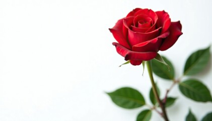 Classic long-stemmed bright red rose on white, petal, blossom, flowers