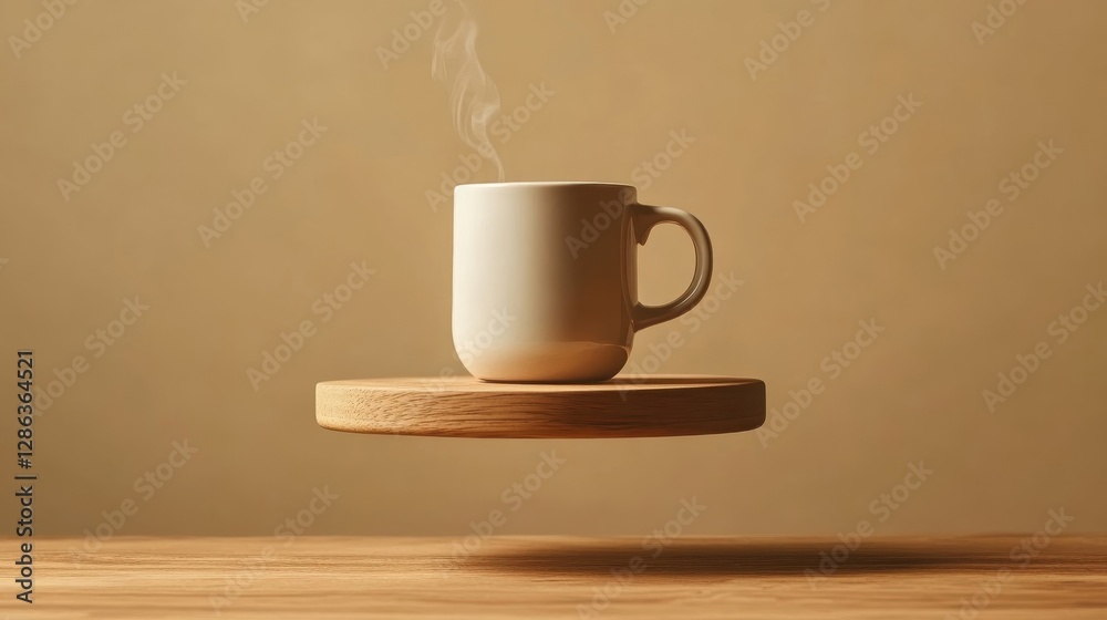 Wall mural A steaming white mug of coffee on a floating wooden stand