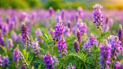 Obraz premium Field of Mongolian milkvetch with purple flowers and green leaves , purple flowers, botanical