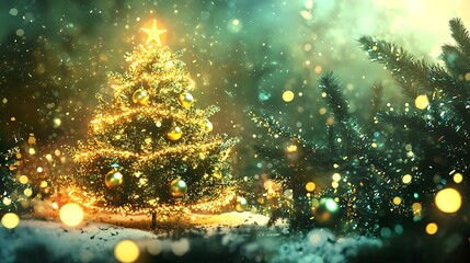 Vibrant holiday scene with a glowing Christmas tree, adorned with gold ornaments and twinkling lights, set against a soft bokeh background.