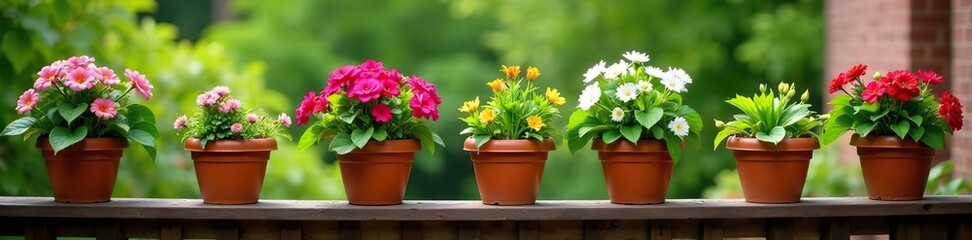 Clay pots draped over wooden railing with flowering vines, romantic, blossom