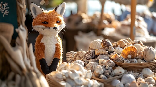 A stuffed fox selling handmade seashell crafts at a beach market
