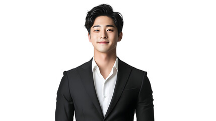 portrait of a handsome attractive young male, wearing an exquisite black suit and white shirt, with a confident smile, full body view, mockup concept template business