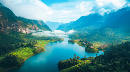 Obraz premium Breathtaking aerial view of a serene mountain lake surrounded by lush green rice terraces and misty peaks