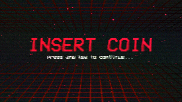Insert Coin, vintage arcade game screen with glitch effect