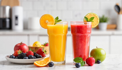 Vibrant fruit juices on kitchen counter with fresh fruits, refreshing delight