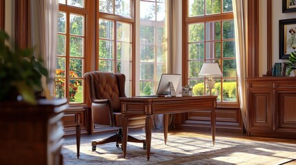 Sunlit Study: Luxurious Home Office with Panoramic Windows