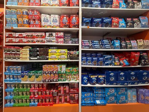February 2025 - SM San Jose del Monte, Bulacan, Philippines: Display of Chocolate Sweets Snacks like Oreo, Chips Ahoy, Hello Panda, Meiji, Yan Yan, Lotte, Loacker