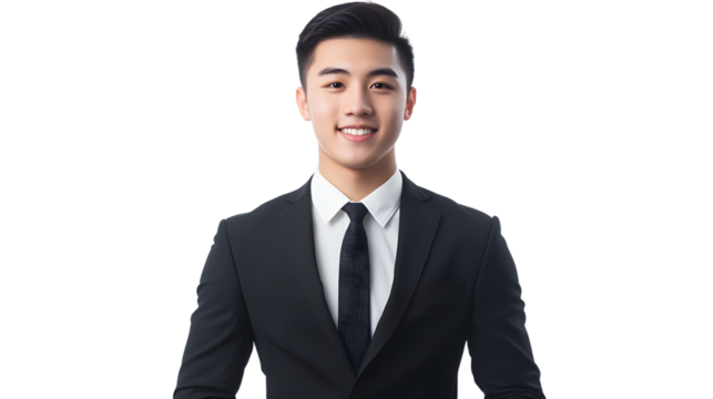portrait of a handsome attractive young male, wearing an exquisite black suit and white shirt, with a confident smile, full body view, mockup concept template business