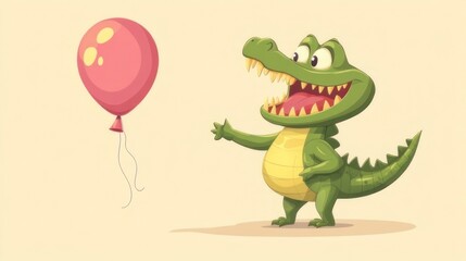 Obraz premium Cartoon Crocodile Reaches for Balloon
