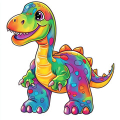 Colorful cartoon dinosaur with friendly expression, featuring vibrant patterns and playful stance. Perfect for children illustrations and educational materials