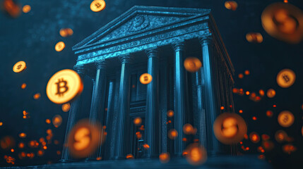 A digital representation of a classical building surrounded by floating cryptocurrency symbols, highlighting the intersection of traditional finance and modern digital assets.