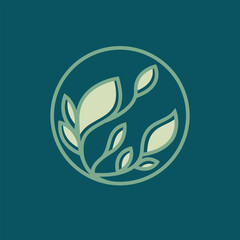 Floral logo for wedding, fashion, beauty spa and gift boutique brand. Decorative, ornate style environmental illustration. Plant petals, nature leaf ornament. Green circle line art emblem.