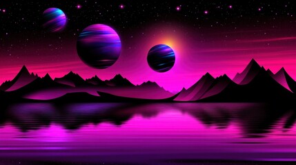 Pink alien landscape, planets, mountains, reflection, starry night, fantasy art