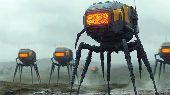 A futuristic landscape featuring robotic creatures with glowing elements, set against a moody, cloudy backdrop.