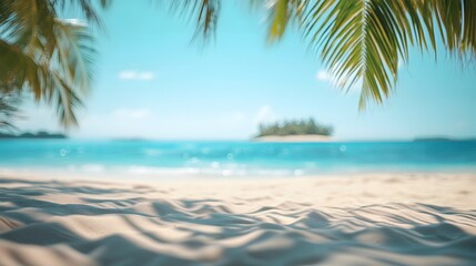 Obraz premium Tropical beach background with white sand and palm leaves, blurred ocean in the distance. Summer vacation concept