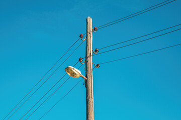 Old wooden lamp post with street light and electrical wires