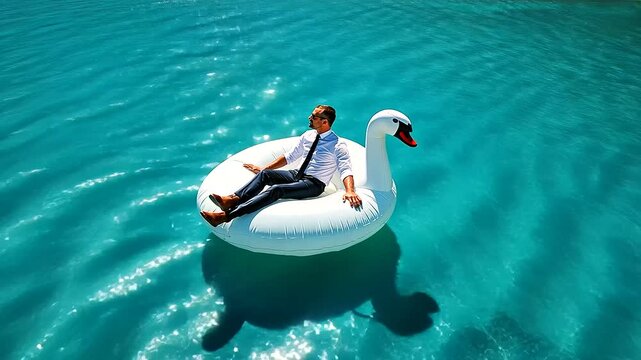 A man in a white shirt and tie sitting cross-legged on a giant inflatable swan, surrounded by sparkling blue waters, symbolizing a perfect blend of work and vacation