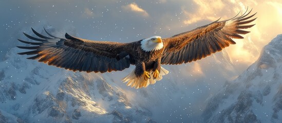 Obraz premium Majestic bald eagle soaring over snow-capped mountains at sunrise.