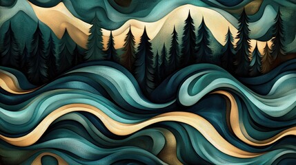 Abstract landscape featuring flowing waves and stylized mountains with trees in a serene setting