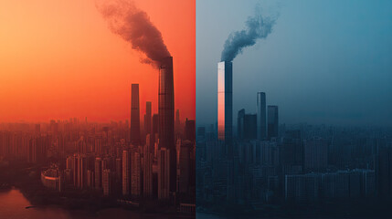 Obraz premium A stark contrast image showcases a cityscape under orange and blue skies, highlighting pollution with smokestacks emitting dark smoke.