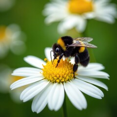 Obraz premium Bumblebee collecting nectar from Globularia cordifolia, floral details, flowers, globe daisies