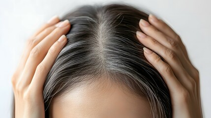 Naklejka premium Close-up of an Asian woman with her hands on the back of her head, showing hair loss in the top part of her black hairstyle, against a white background.