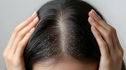 Naklejka premium Close-up of an Asian woman with her hands on the back of her head, showing hair loss in the top part of her black hairstyle, against a white background.