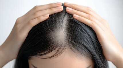 Fototapeta premium Close-up of an Asian woman with her hands on the back of her head, showing hair loss in the top part of her black hairstyle, against a white background.