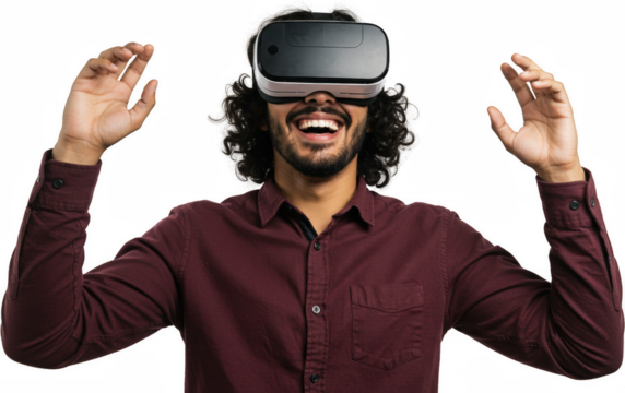 Man with VR Headset Excited Expression Immersive Technology Virtual Reality Experience