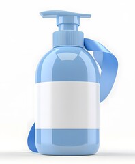 Fototapeta premium A blue soap dispenser with a blue ribbon and white label