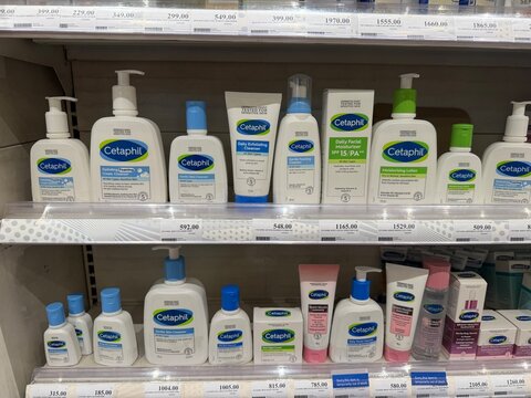 February 2025: SM San Jose del Monte, Bulacan, Philippines: Cetaphil Skincare Shelf: A diverse arrangement of Cetaphil skincare product bottles and tubes, artfully displayed on a shelf 