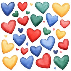 Obraz premium Multicolored 3D heart shapes floating in abstract composition with bright blue yellow green and red shades forming a cheerful vibrant love themed decorative background