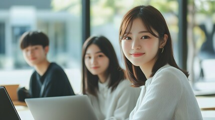 young office worker women with a laptop, and two people in the background, looking at the camera and smiling