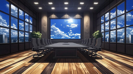Fototapeta premium Modern Conference Room with Large Windows and Scenic View of Clouds and Skyline Illuminated by Bright Sunlight