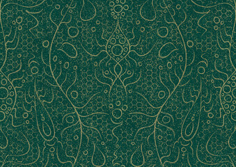 Hand-drawn unique abstract symmetrical seamless gold ornament and splatters of golden glitter on a dark cold green background. Paper texture. Digital artwork, A4. (pattern: p13-2a)