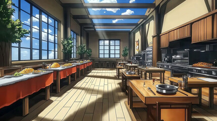 Bright and Spacious Culinary Classroom with Long Tables, Modern Equipment, and Abundant Natural Light Filling the Room