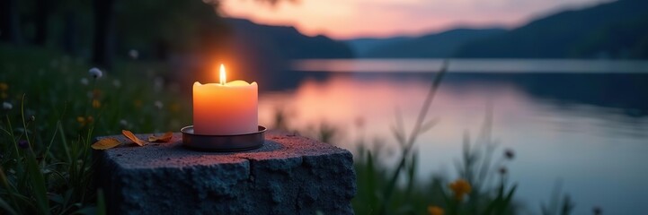Candle's gentle warmth on stone grave marker beside a serene lake at dusk, evening hours, calm