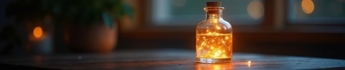 Clear glass bottle containing a soft light source for ambiance, luminous,
