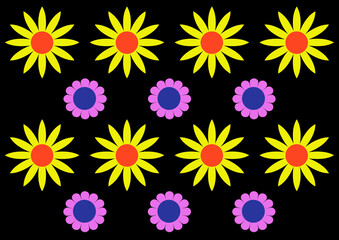 pattern of multicolored flowers on a black background. illustration