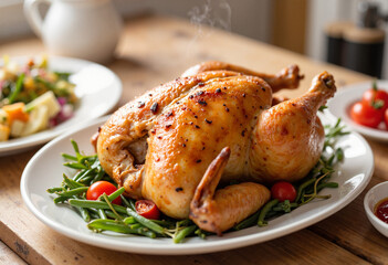 Juicy roast chicken with steam in cozy kitchen setting, home cooking