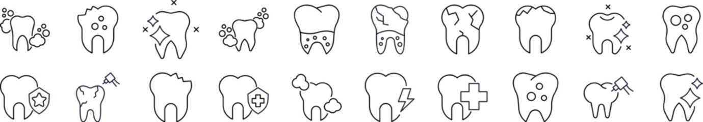Pack of Teeth Related Line Icons. Outline Signs for Graphic and Web Design, Apps, Adverts, Various Cards