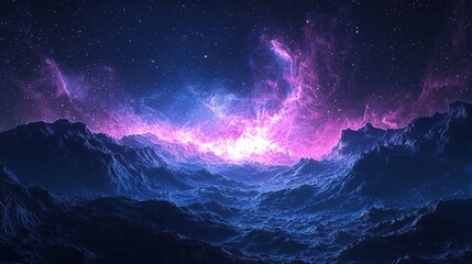 Dramatic Landscape with Starry Sky and Nebula Clouds at Night