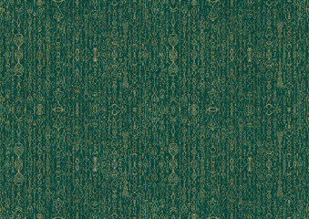 Hand-drawn unique abstract symmetrical seamless gold ornament and splatters of golden glitter on a dark cold green background. Paper texture. Digital artwork, A4. (pattern: p14b)