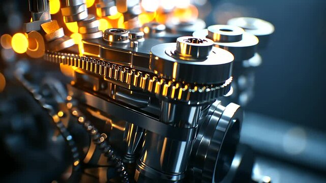 A high-definition close-up of a car engine, showing the details of the cylinder head, timing chain, and various metal components, all reflecting the meticulous design of automotive