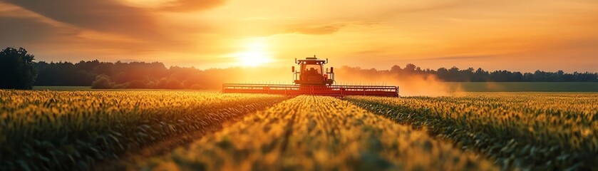 Fototapeta premium Golden sunset backdrop highlighting advanced farming technology