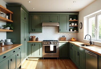 Fototapeta premium Olive Green & Butcher Block: Modern Farmhouse Kitchen Design - Clean, Minimalist Decor and White Subway Tile Backsplash Captured in Natural Light.
