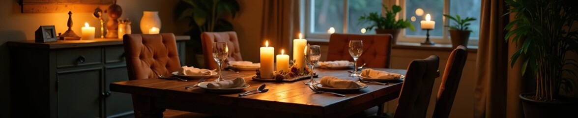Candlelit dining area with a rustic wooden table and sideboard, lighting, decorations